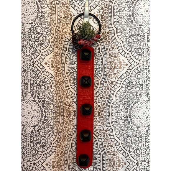 Red Leather Door Hanger With Black Jingle Bells & Holiday Decorations - Picture 6 of 6